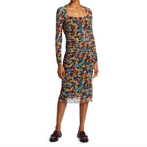 **BNWT** GANNI Floral Print Long Sleeve Shirred Mesh Dress